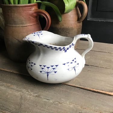 1920s French Faïence Pitcher, Jug, Indigo Blue Art Deco Design Flower Vase, French Farmhouse Cuisine 