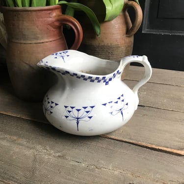 1920s French Faïence Pitcher, Jug, Indigo Blue Art Deco Design Flower Vase, French Farmhouse Cuisine 