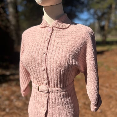 1950s Curve Hugging Pink Wool Boucle Sweater & Skirt Set 