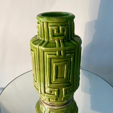 Geometric Patterned Avocado Green Flower Vase | mid century modern home accents 