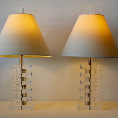 Karl Springer Style Glam Mid-Century Modern Stacked Lucite Table Lamps-a pair 