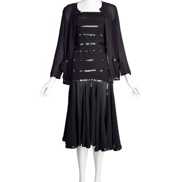Chanel Vintage Rare Black Pleated Silk Sequin Dress and Jacket Ensemble Set