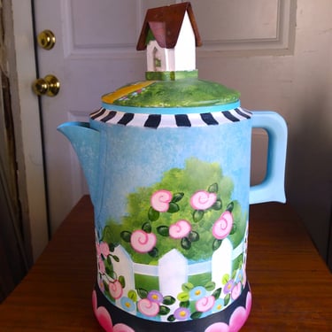 VINTAGE Handpainted Cottage Coffee Pot, Country Farmhouse, Home Decor 