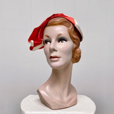 Vintage 1950s Sculptural Satin Skull Cap, Red and White New Look Cocktail Hat, One Size 