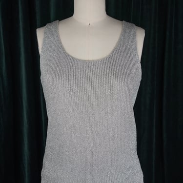 Vintage 80s Effect Super Sparkly Silver Knit Tank Top with Gathered Bottom Band 