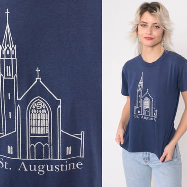 St. Augustine Catholic Church T Shirt 90s Culver City California Tee Graphic Tshirt Vintage Retro T Shirt Navy Blue 1990s Hanes Small Medium 