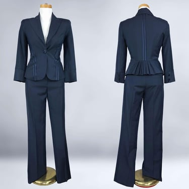 VINTAGE 90s Y2K Navy Pinstripe Two Piece Feminine Peplum Power Suit in Wool By bebe Sz 4 | 1990s Pant Suit Jacket and Pants Set | VFG 