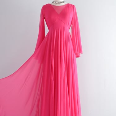 Vintage 1960's Fuchsia Pink Silk Chiffon Evening Gown / M