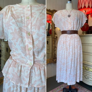 vintage 1980s 2 piece peplum blouse and skirt peach floral cottagecore med full 