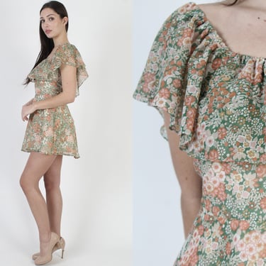 70s Wildflower Calico Floral Dress, Country Garden PrairieCore Dress, Vintage Green Summer Casual Micro Mini 