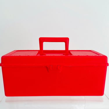 Vintage 1980s Retro Red Plastic Art Supply Sewing Hobby Tackle Storage Tote Box Action Ind 
