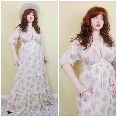 1970s Vintage Ingenue California Cream Floral Prairie Dress / 70s Lace Insert Tiered Elastic Ribbon Cotton Voile Gown / Medium - Large 