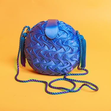 80s Royal Blue Ruched Round Boxy Purse Vintage Fabric Strappy Novelty Clutch 