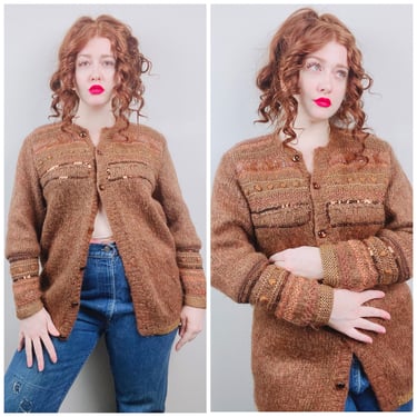 1980s Vintage Brown Mohair Cardigan / 80s / Eighties Leather Trim Knit Sweater / Size Large 