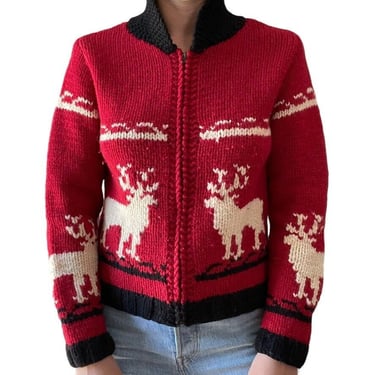 Vintage 1990s The Limited Hand Knit Red Reindeer Christmas Wool Cardigan Sz M 