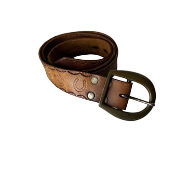 Vintage 70's Brown Tooled Horseshoe Leather Belt, 34-38 