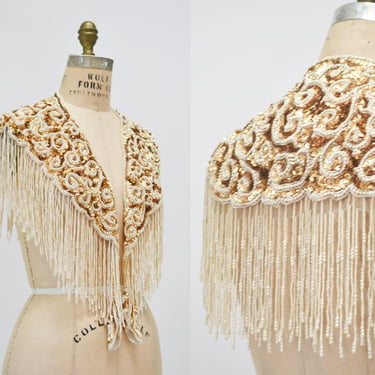 Vintage Gold Pearl White Cream Beaded Sequin Shawl Wrap Burlesque Wedding Flapper Gold Metallic Beaded Wedding Vintage Fringe Collar Shawl 