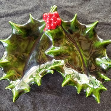 Holly and Berry shaped candy bowl Holiday dining decor Vintage Nut bowl 