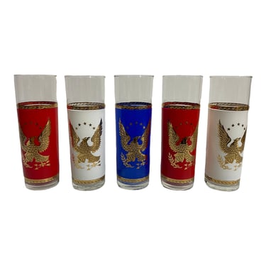 Set of 5 Mid Century Modern Highball Tumblers in Red, White, Blue with Gold Eagle Design by Libby Glass 