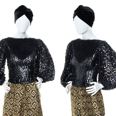Vintage 1970s 1980s Blouse | 70s 80s Black Sequin Knit Angora Balloon Sleeve Disco Party Top (small) 