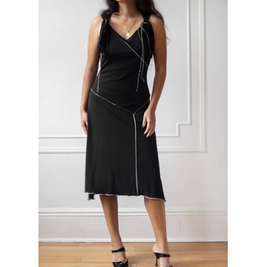 90s Contrast Stitch Midi Dress / Sleeveless Black Dress with String Ties 