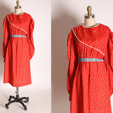 1970s Red, White and Blue Long Sleeve Floral Tent Dress 