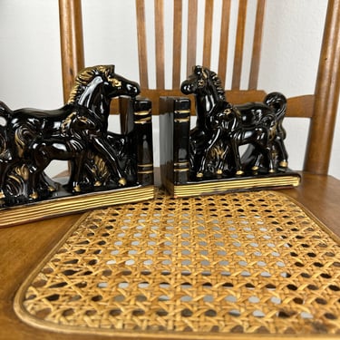 Mid Century Hollywood Regency Style Black and Gold Horse Bookends 