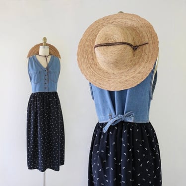 tie back denim + rayon dress - s - vintage 90s y2k blue jean size small sleeveless cute cottage casual comfortable midi dress 