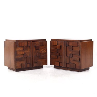 Lane Staccato Mid Century Brutalist Walnut Nightstands - Pair - mcm 