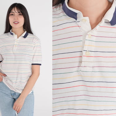 White Striped Polo Shirt 80s Collared T-Shirt Half Button Up Short Sleeve TShirt Ringer Tee Retro Preppy Navy Blue Vintage 1980s Mens Medium 