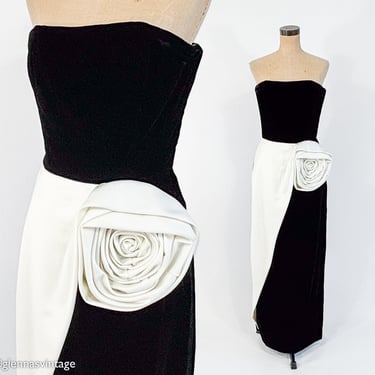 Victor Costa | 1980s Black Strapless Velvet Gown l 80s Black & White Rose Evening Dress | Strapless Gown and Wrap | Victor Costa | Medium 