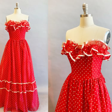 1970s Gunne Sax Dress / Jessica McClintock Dress / Red Strapless Dress / 1970s Dotted Swiss Dress / Red Formal / Size Small 