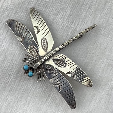 Native American Dragonfly Brooch - Handmade Sterling Silver with Natural Turquoise Eyes - Locking Pin Back Clasp- Signed 