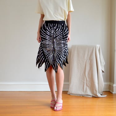 sequin black silk jagged hem knee length skirt / 26w+ 