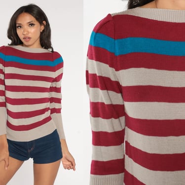 Puff Sleeve Sweater 80s Striped Knit Pullover Sweater Retro Boatneck Slouchy Pullover Boat Neck Grey Red Blue Vintage 1980s Acrylic Small S 