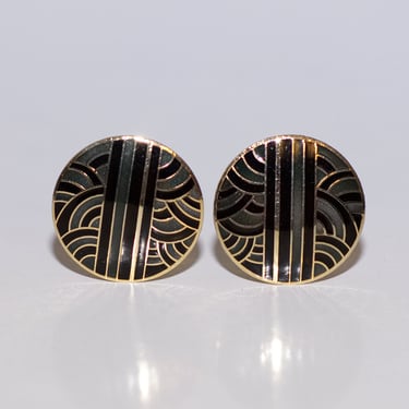 Vintage Art Deco Cloisonne Disc Earrings | Black and Gray Enamel Clip-on 