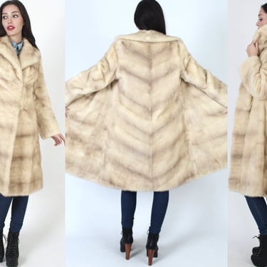 Full Length Real Patchwork Mink Coat, Vintage Chevron Print Blonde Fur Jacket, Luxurious Avant Garde Overcoat With Pockets 