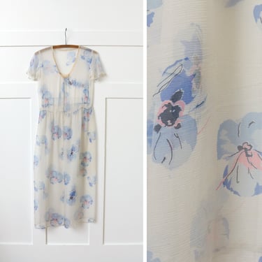 vintage early 1930s floral dress • ethereal white & blue pansy print sheer chiffon deco doll dress 