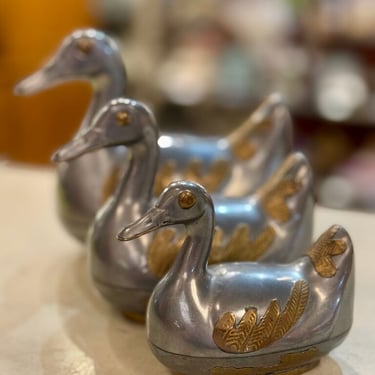 Set of three pewter brass ducks vintage