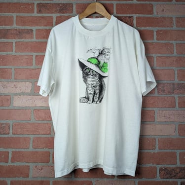 Vintage 90s Cat Wearing Funny Hat ORIGINAL Graphic Tee - Extra Large 