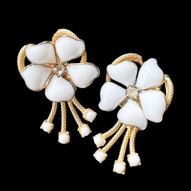 Schiaparelli White & Gold Flower Gold Clip On Earrings