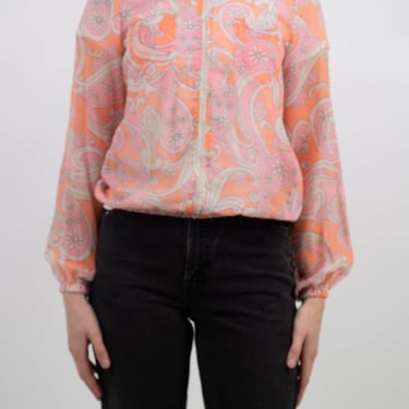 1960s Lightweight Cotton Mod Orange and Pink Floral Front-zip Jacket