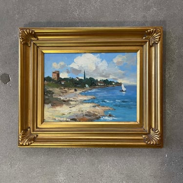 Oil on Canvas Coastal Scene with Gold Frame Painting