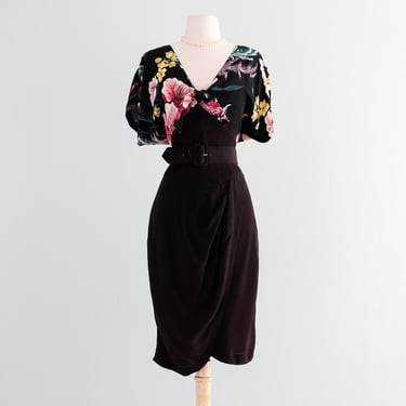 Elegant 1980's Midnight Tropics Rayon Cocktail Dress by Karen Alexander / M/L