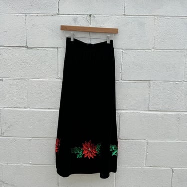 Black Velvet Skirt with Sequin Poinsettas
