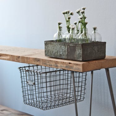 Rustic Industrial Bench with (1) sliding locker basket drawer made with reclaimed wood and hairpin legs.  Choose size and finish. 