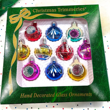 VINTAGE: 2000 - 10pcs Small Glass Ornaments in Box - Round and  Indent Christmas Trimmeries - Christmas Classics - Made in Mexico 