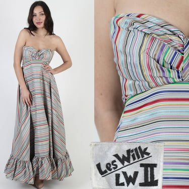 Les Wilk Rainbow Striped Cicrcle Skirt Prom Gown, Vintage LW 2 Strapless Sweetheart Bodice Maxi Dress, Designer Avant Garde Ball Costume 