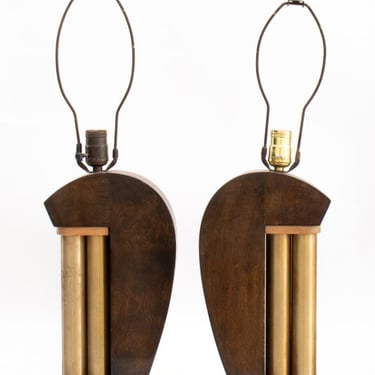 Art Deco Moderne Brass and Wood Table Lamps, Pair