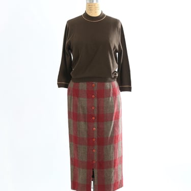 70s Maroon woven plaid wool pencil skirt 